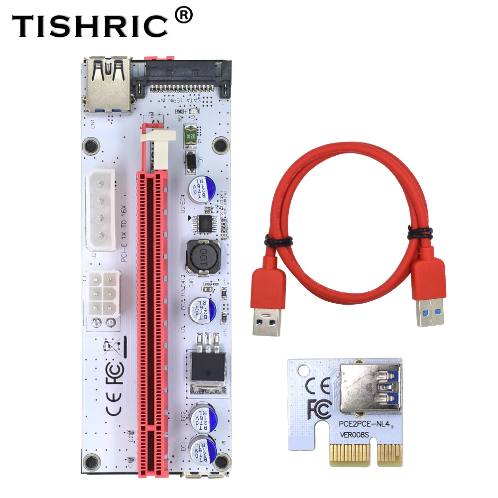 TISHRIC 008S Molex 4PIN 15 BENS SATA 6PIN 3 i 1 PCIE port til PCI Express-Riser-Kort 1X til 16X PCI-E Extender Bitcoin Mining Miner