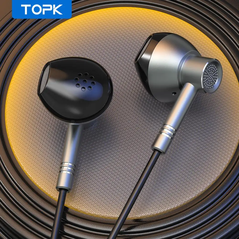 TOPK Høj Kvalitet Kabelforbundne Hovedtelefoner I-Øret Metal Bass Lyd Hovedtelefoner Med Mikrofon 3,5 mm Stik til iPhone Xiaomi Samsung Fone De ouvido