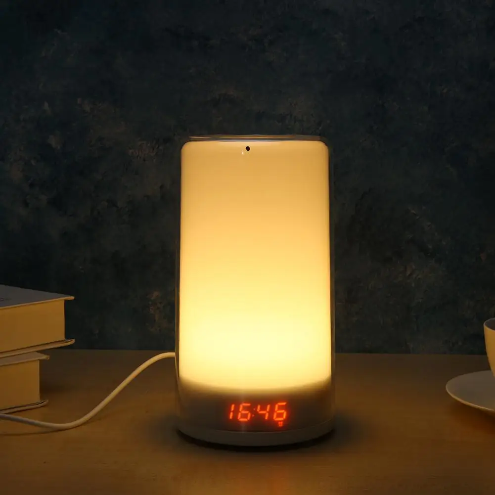 Tryk Wake Up Light Vækkeur Natur Sunrise Simulering Farverige Nat Lampe OS Hvidt Lys Niveau 3 Justerbare Læsning