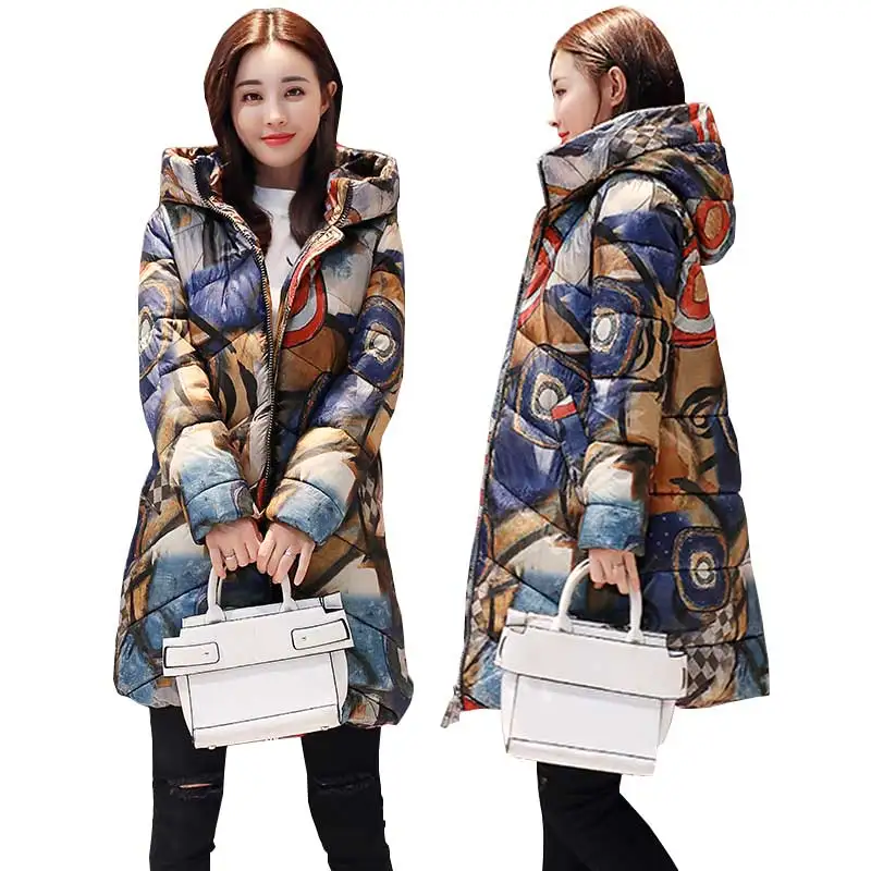 Trykt Tykkere Vinteren Ned Bomuld Jakke Kvinder Ukraine Hætteklædte Kvindelige Plus size Parka Lang Frakke nye mode polstret Jakker WZ402