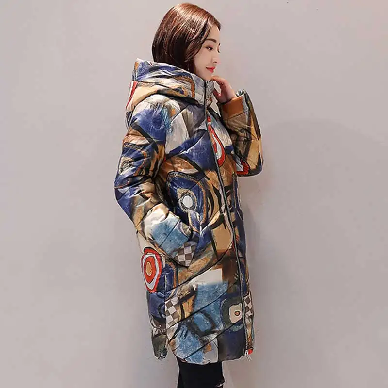 Trykt Tykkere Vinteren Ned Bomuld Jakke Kvinder Ukraine Hætteklædte Kvindelige Plus size Parka Lang Frakke nye mode polstret Jakker WZ402