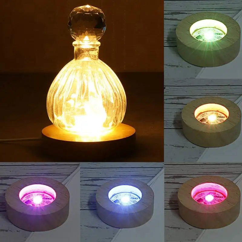 Træ-LED Display 3D-Nat Lys Base Runde Base Holder Farverige Gradient Lys Base For Krystaller, Glas Bolden 5V USB