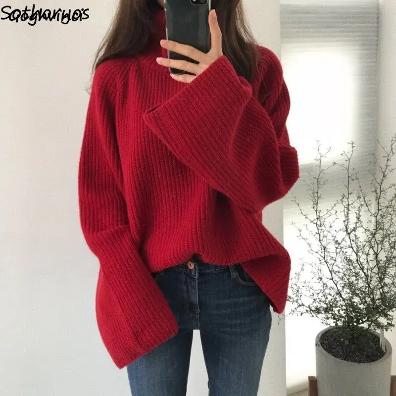 Turtleneck Sweater Fortykkelse Solid Strikket Vinteren Kvinder Flare Ærmet Harajuku Mode Fritid Outwear Red Løs Simpel Smarte Ins