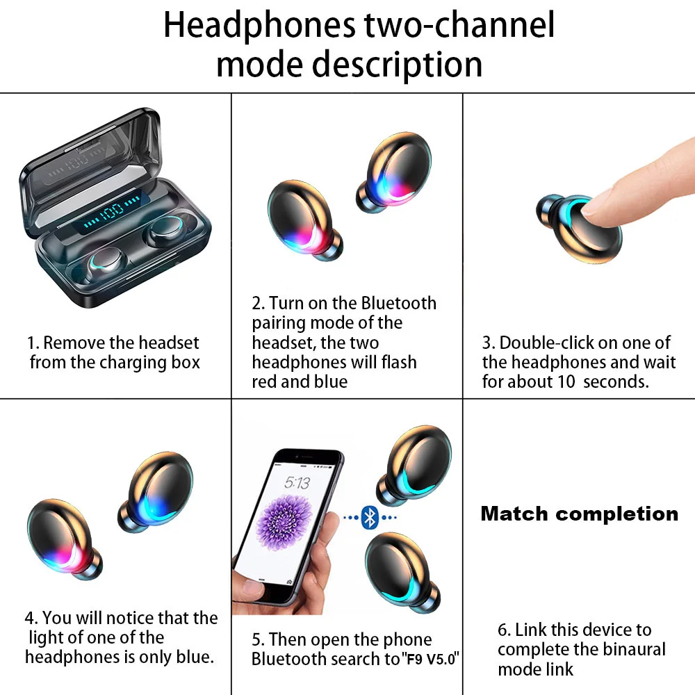 TWS Bluetooth-5.0 Hovedtelefoner Trådløse Bluetooth Sports Hovedtelefon Hifi Stereo Headset 2000mAh Trådløse In-ear-Øretelefoner, Hovedtelefoner