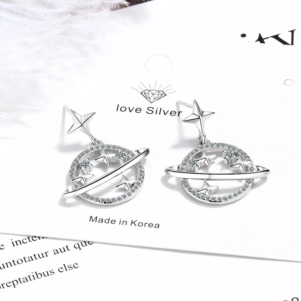 Udsøgt Planet Star Cubic Zirconia Øreringe af 925 Sterling Sølv Smykker, koreanere Dingle Øreringe til Kvinder Girl brincos bijoux