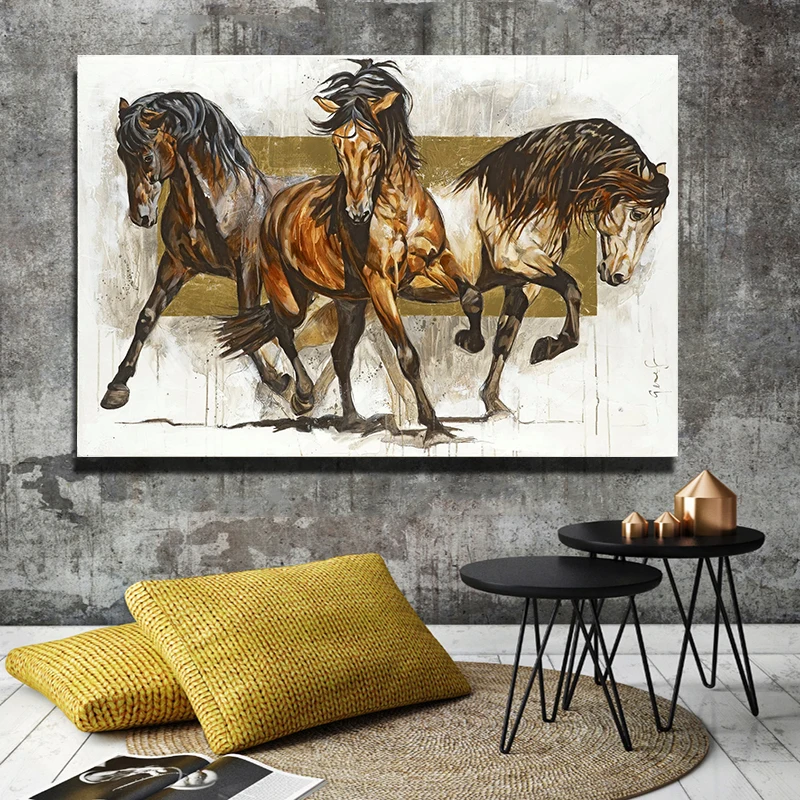 USELVISK Fire Heste Malerier Væggen Dekorative Billeder Til stuen Vintage Lærred Kunst Udskriver Plakater Dyr Dekoration