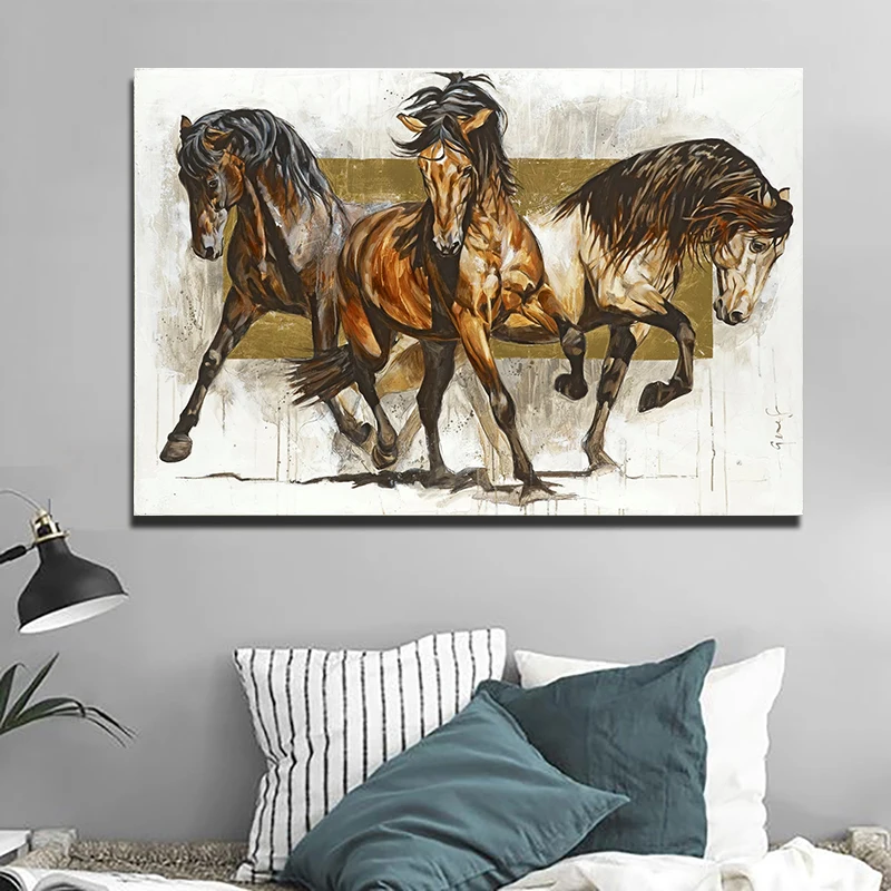 USELVISK Fire Heste Malerier Væggen Dekorative Billeder Til stuen Vintage Lærred Kunst Udskriver Plakater Dyr Dekoration