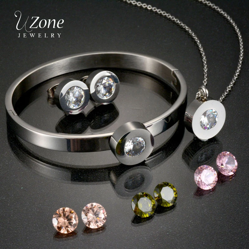 UZone 4 Farver Cubic Zircon Krystal Smykker Sæt Udskiftelige Charms Halskæde, Armbånd, Øreringe Rustfrit Stål Smykker Sæt