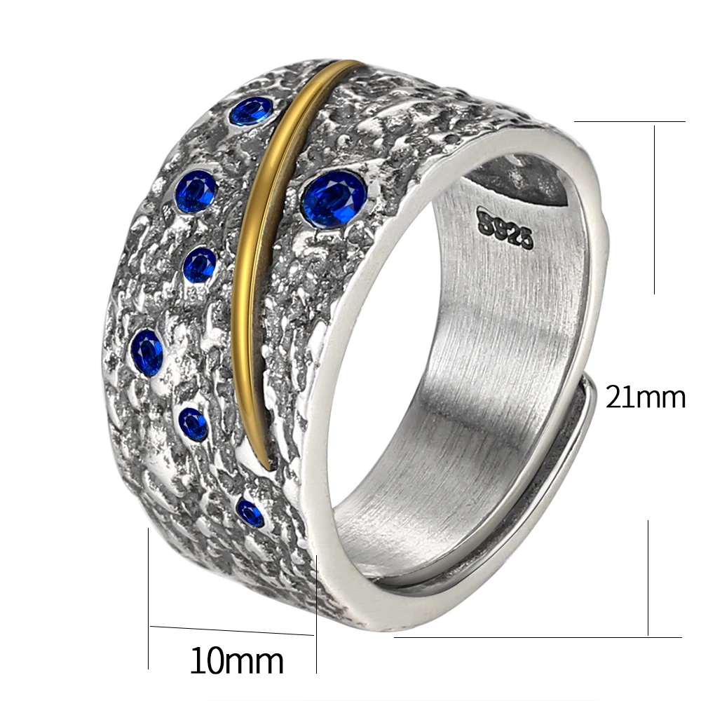 V. YA Blue Zircon 925 Sterling Sølv Ring for Mænd Thai Sølv Åben Ring Homme Mode Smykker Anillos Gaver