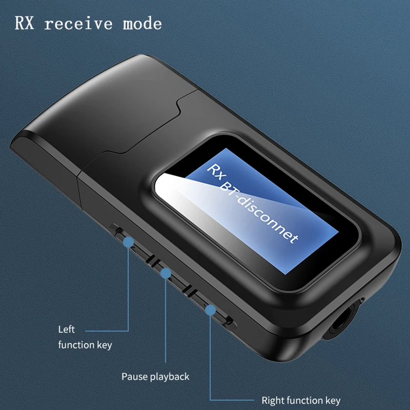 VAORLO USB Bluetooth-Sender-Modtager Med LCD Skærm, 3,5 MM Stereo AUX For PC TV-Bil Hovedtelefoner 2-I-1 Wireless 5.0 Adapter