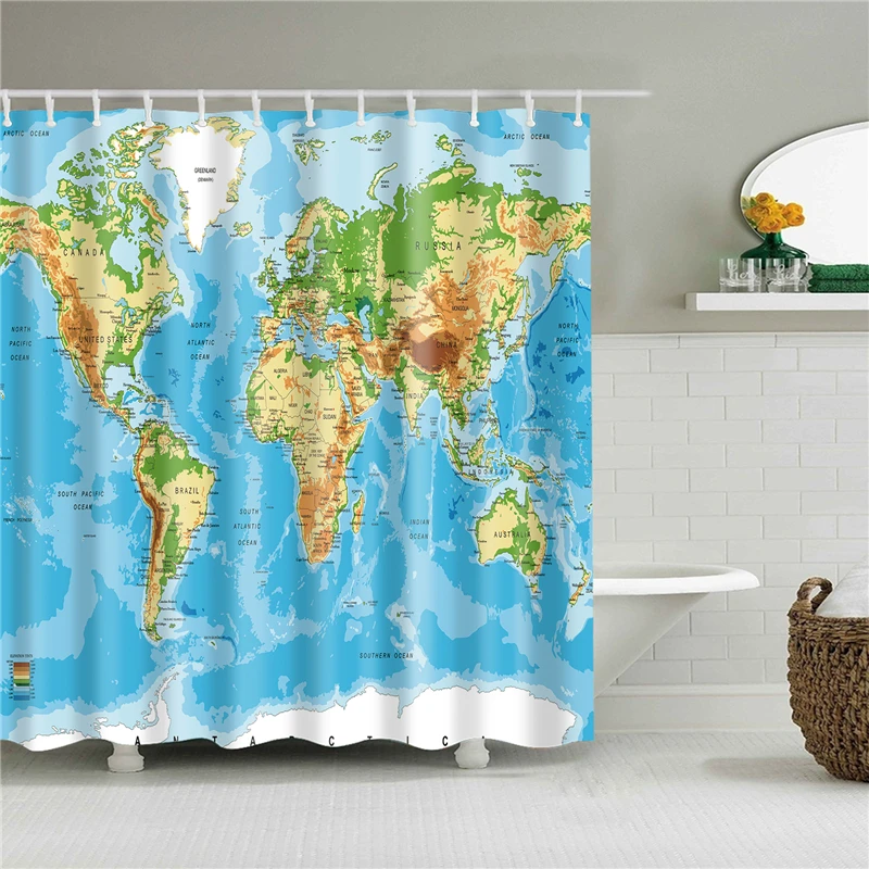Verden Kort Serien er Trykt badeforhæng Badeværelse Vandtæt Polyester badeforhæng Blomster Gardiner til badeværelse brusebad