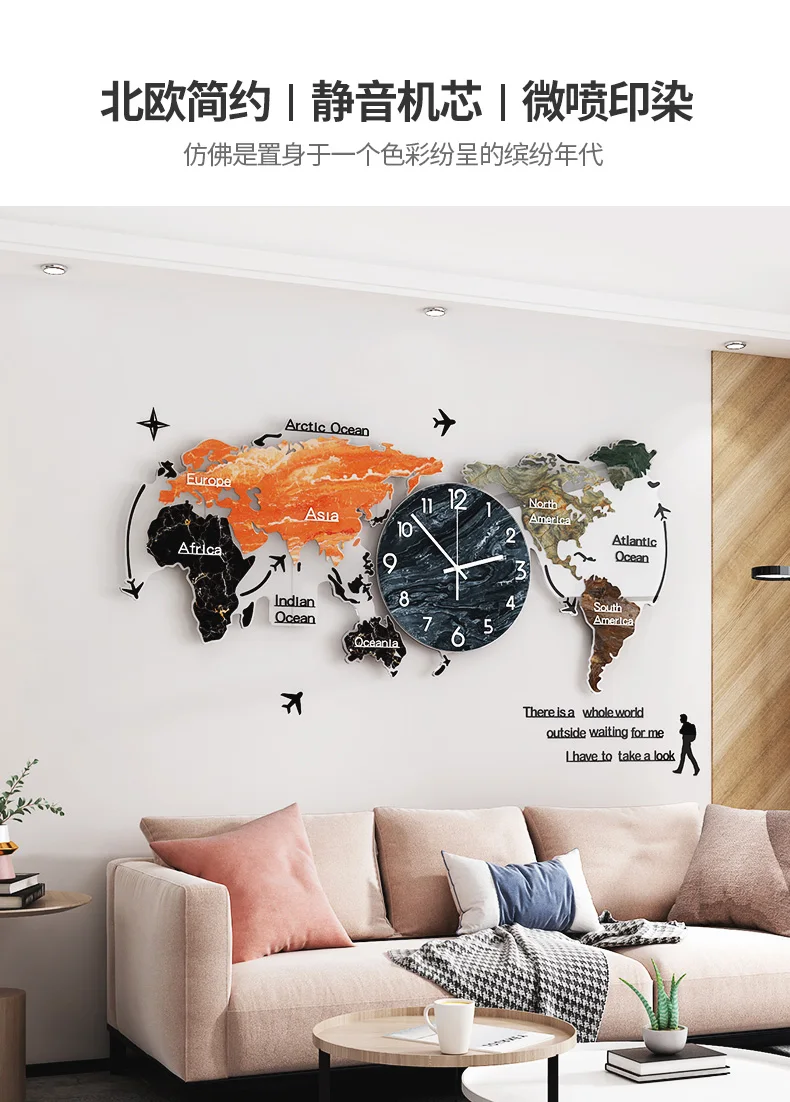 Verdenskort Wall Clock Akryl Tavs Moderne Design Farverige vægur Nordiske Kreative Orologi Da Parete Home Decor DE50ZB