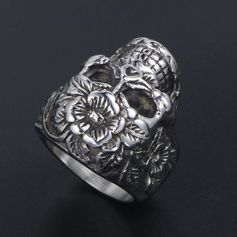 Vintage Blomst Skull Ring for Mænd Og Kvinder Unikke Rustfrit Stål Kraniet Biker Ring Cool Punk Goth Smykker Dropshipping Butik