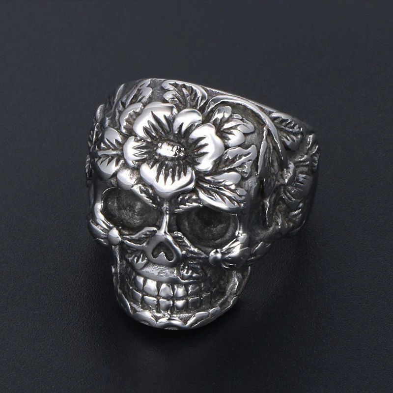 Vintage Blomst Skull Ring for Mænd Og Kvinder Unikke Rustfrit Stål Kraniet Biker Ring Cool Punk Goth Smykker Dropshipping Butik