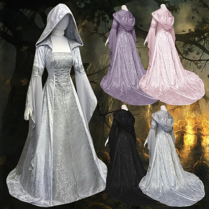 Vintage Gotiske Kjoler Halloween Renæssance Hætteklædte Middelalderlige Kjole-Gulvtæppe Længde Cosplay Kjole Prinsesse Boho Victoriansk Kjole