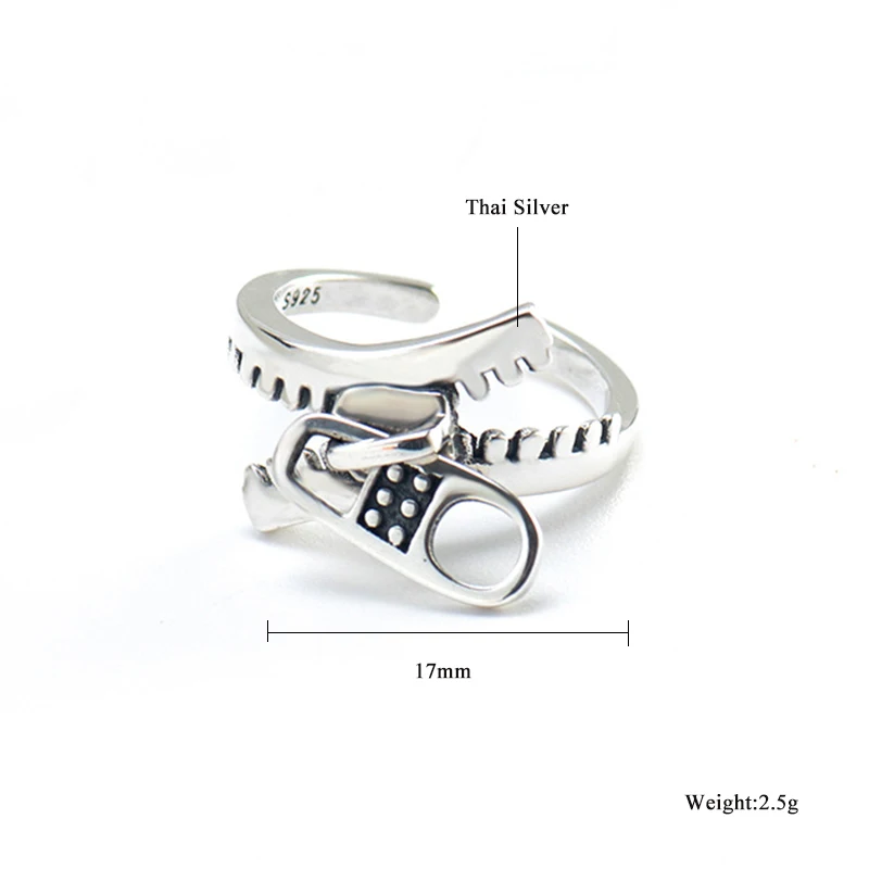 Vintage Personligheden Lynlås Justerbar Thai Sølv Ring For Kvinder 925 Sterling Sølv Smykker Crown Punk Ring