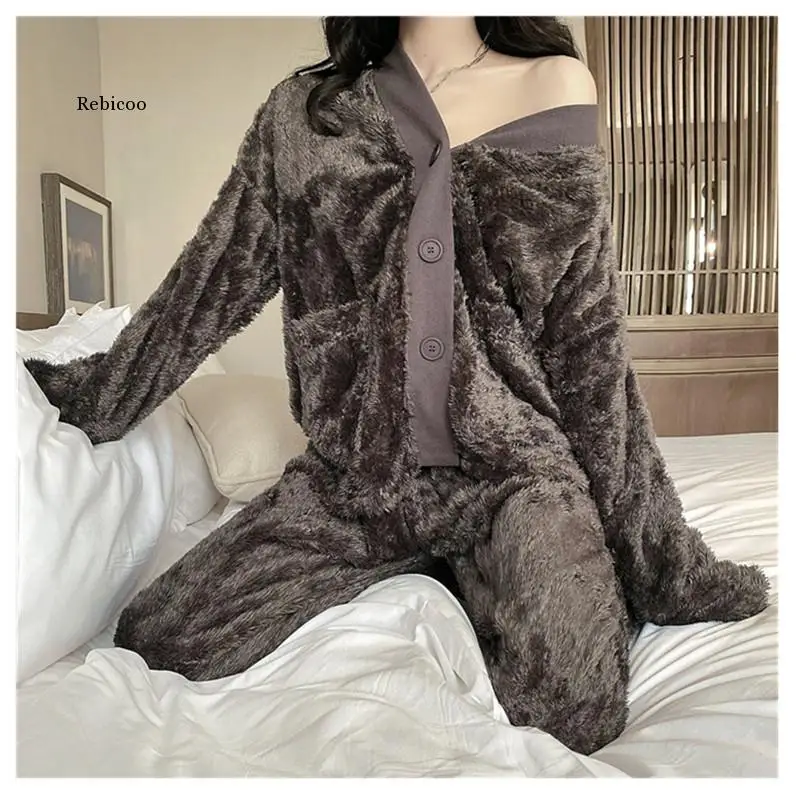 Vinteren Luksus Kvinder Pyjamas Sæt Solid Fleece Lomme V Hals-Knappen Lange Ærmer Casual Nattøj Homewear Pyjamas Sæt til Kvinder