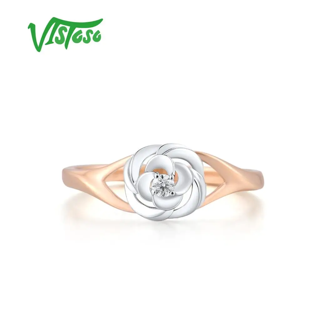 VISTOSO Ren 14K 585 To-Tone guldring Til Kvinder Funklende Diamant Blomst Jubilæum Bryllup Trendy Gave Fine Smykker