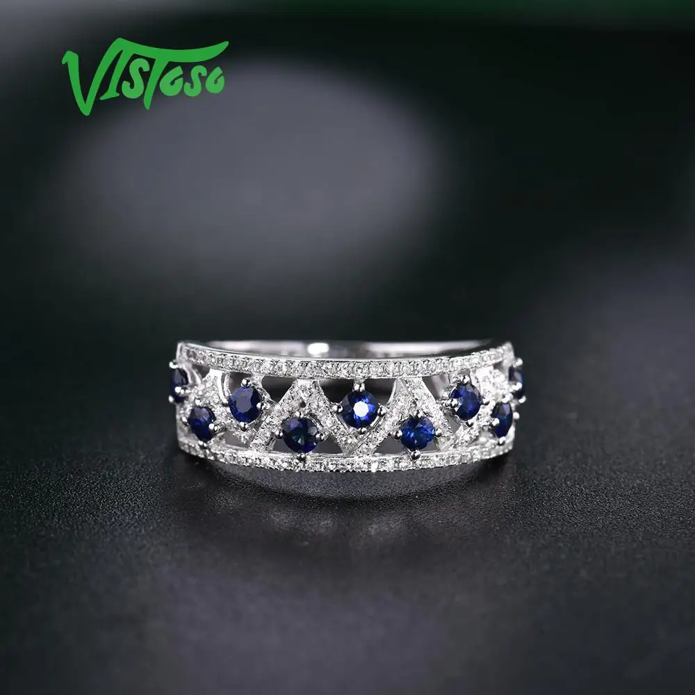 VISTOSO Ægte 14K hvidguld Ringe Til Kvinder Funklende Diamant Fancy Blå Safir Engagement Jubilæum Unikke Fine Smykker