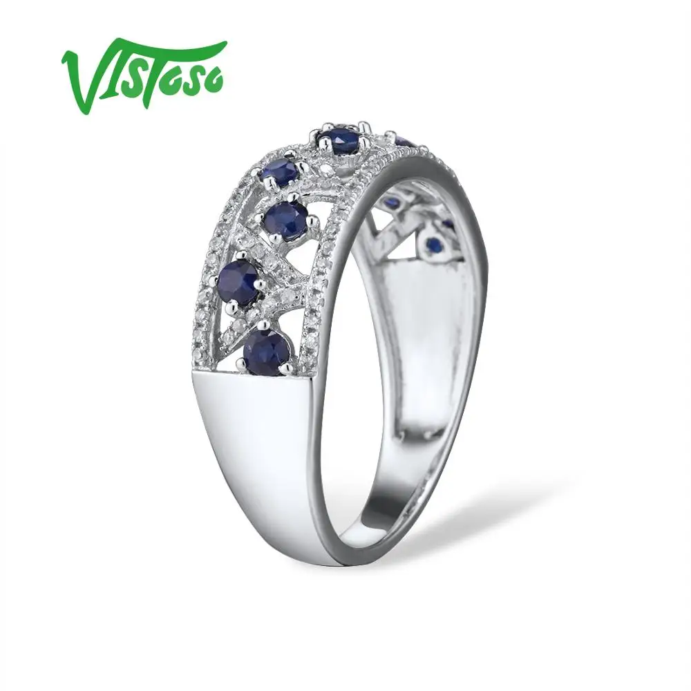 VISTOSO Ægte 14K hvidguld Ringe Til Kvinder Funklende Diamant Fancy Blå Safir Engagement Jubilæum Unikke Fine Smykker