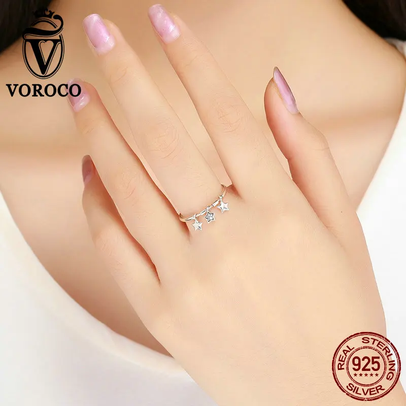 VOROCO 2019 Hot Sælger Trendy Sølv Ring i Ægte 925 Sterling Sølv Dingle Stjernede Blændende Finger Ringe Pige Smykker Gave BKR406