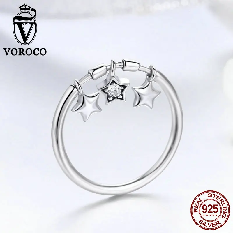 VOROCO 2019 Hot Sælger Trendy Sølv Ring i Ægte 925 Sterling Sølv Dingle Stjernede Blændende Finger Ringe Pige Smykker Gave BKR406