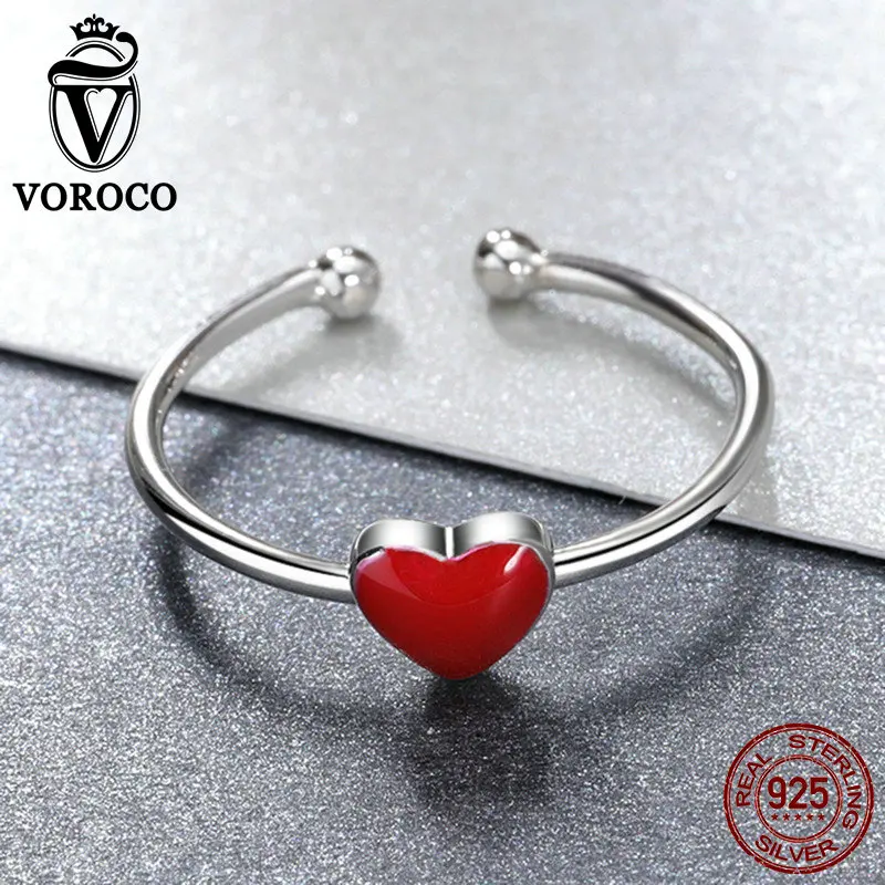 VOROCO 925 Sterling Sølv, med Rødt Hjerte Ring Elsker Gave Justerbar Finger Ringe Til Kvinde, Bryllup, Engagement Smykker VSR156