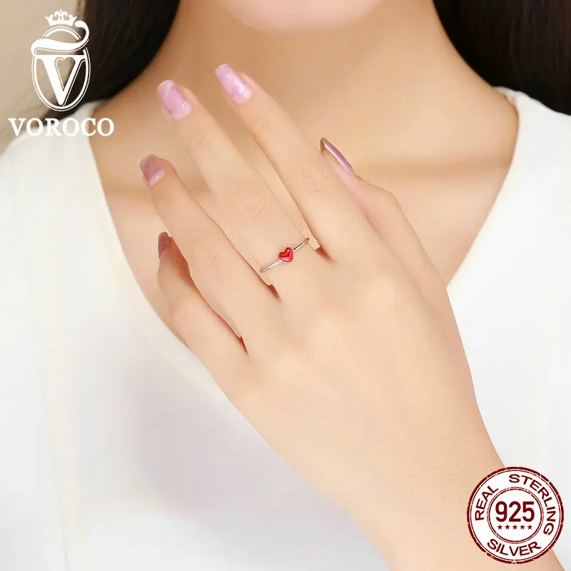 VOROCO 925 Sterling Sølv, med Rødt Hjerte Ring Elsker Gave Justerbar Finger Ringe Til Kvinde, Bryllup, Engagement Smykker VSR156