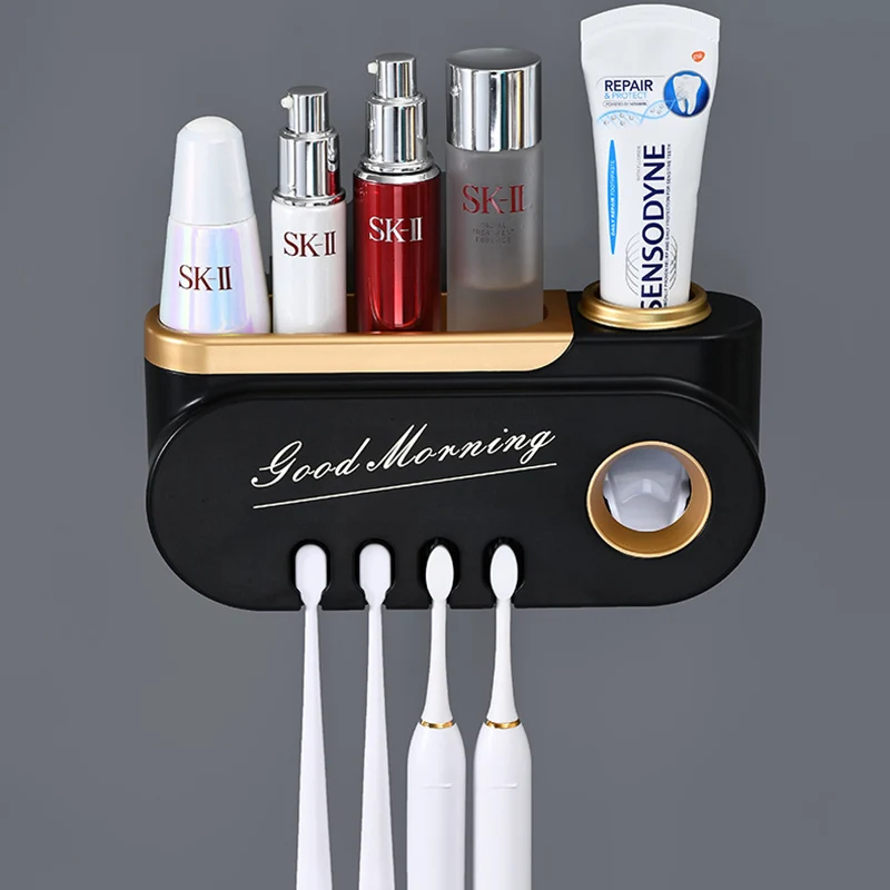 Vægmonteret Tandbørsteholder Automatisk Tandpasta Dispener Squeezer Makeup Storage Rack Organizer Til Badeværelse Tilbehør