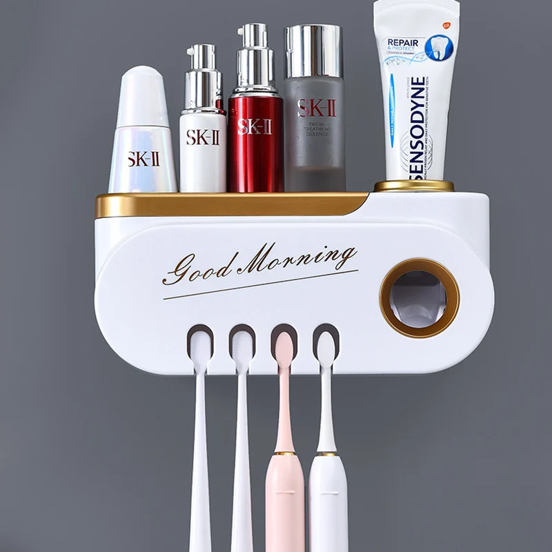 Vægmonteret Tandbørsteholder Automatisk Tandpasta Dispener Squeezer Makeup Storage Rack Organizer Til Badeværelse Tilbehør