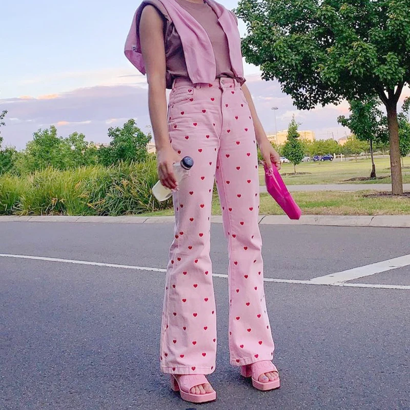 Waatfaak Pink Hjerte Print I Høj Talje Flare Pants Mon Søde Piger I Fuld Længde Bukser Y2k Kvinder Harajuku Vintage Mode Capris Efteråret
