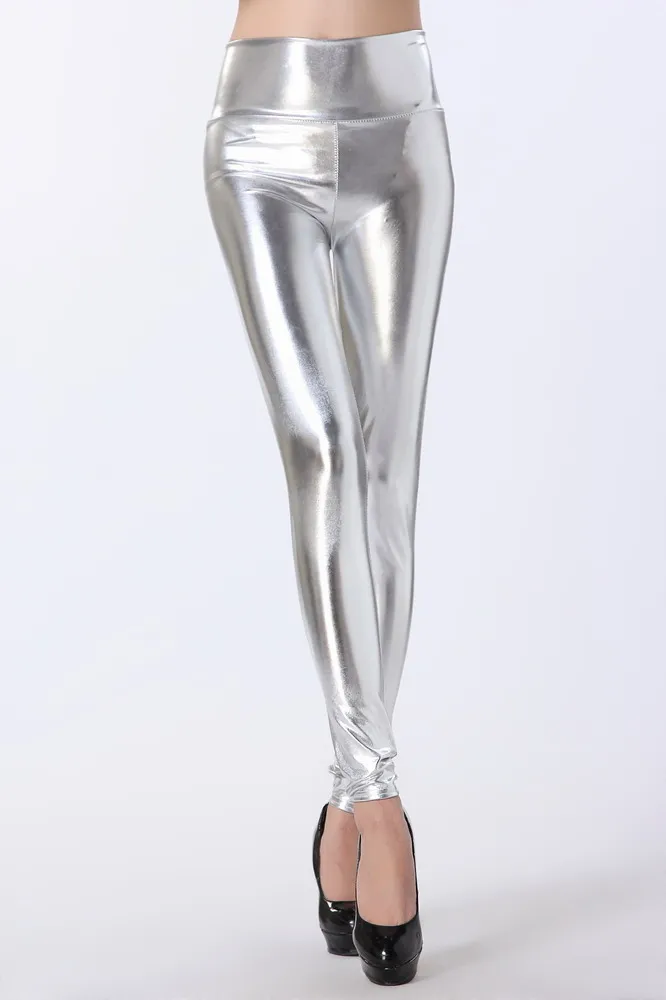 Wetlook Sølv, Guld, Sort Skinnende Metallic Læder af Høj Talje Leggings Mode Tynde Strække Wetlook Pants Faux Læder Leggings