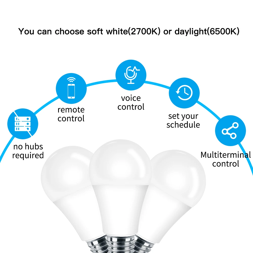WiFi Smart Pære LED Lampe, 7W, Varm kold Hvid Smart Liv/Tuya APP Fjernbetjeningen Fungerer sammen med Alexa Echo Google E26 E27