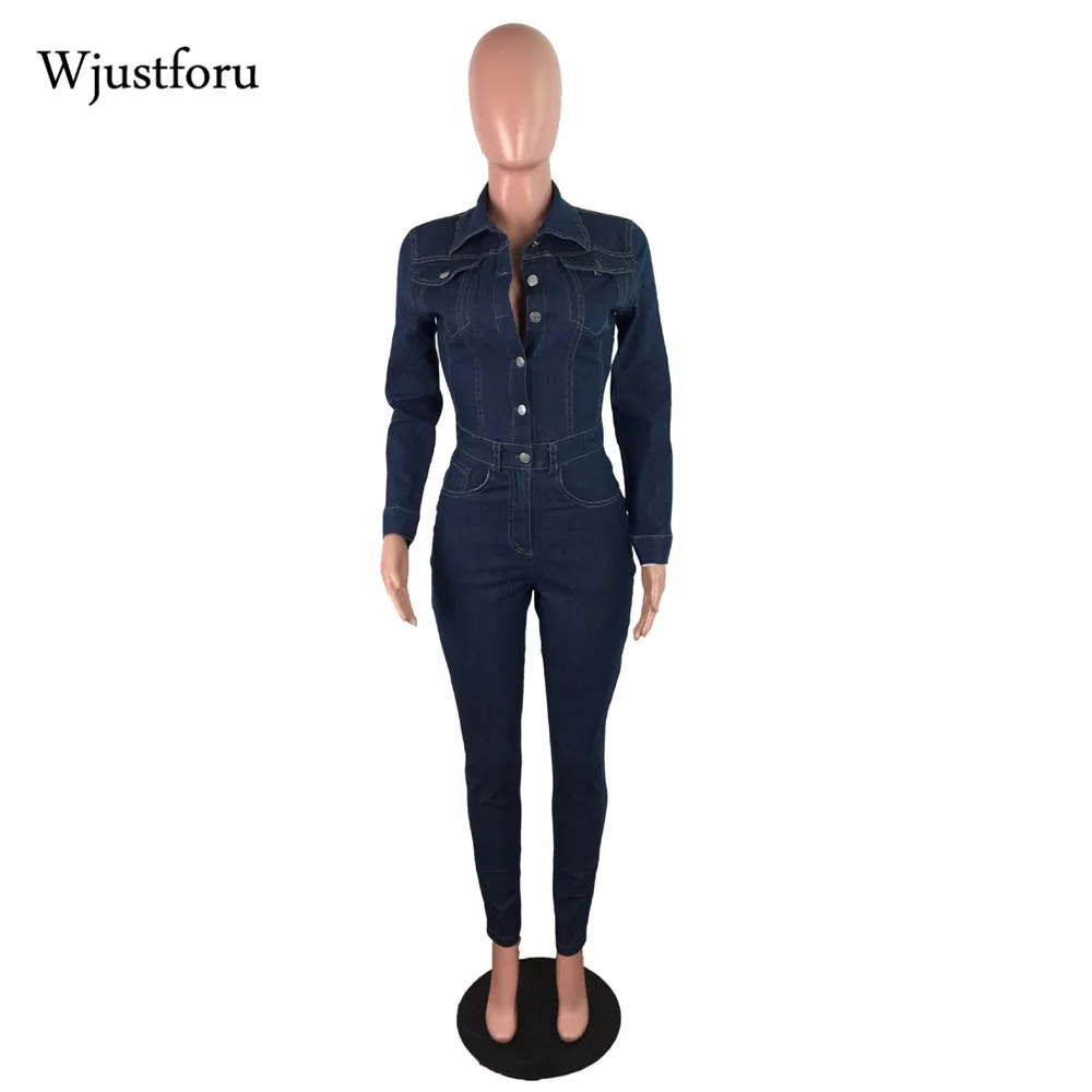 Wjustforu Streetwear Denim Buksedragt Kvinder Vinteren Bodycon Rompers Lange Ærmer Mode Overalls Til Kvinder Et Stykke Tøj 2020