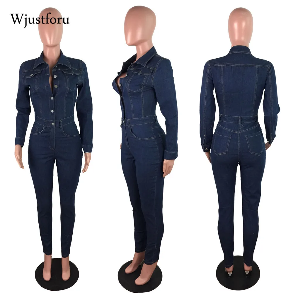 Wjustforu Streetwear Denim Buksedragt Kvinder Vinteren Bodycon Rompers Lange Ærmer Mode Overalls Til Kvinder Et Stykke Tøj 2020