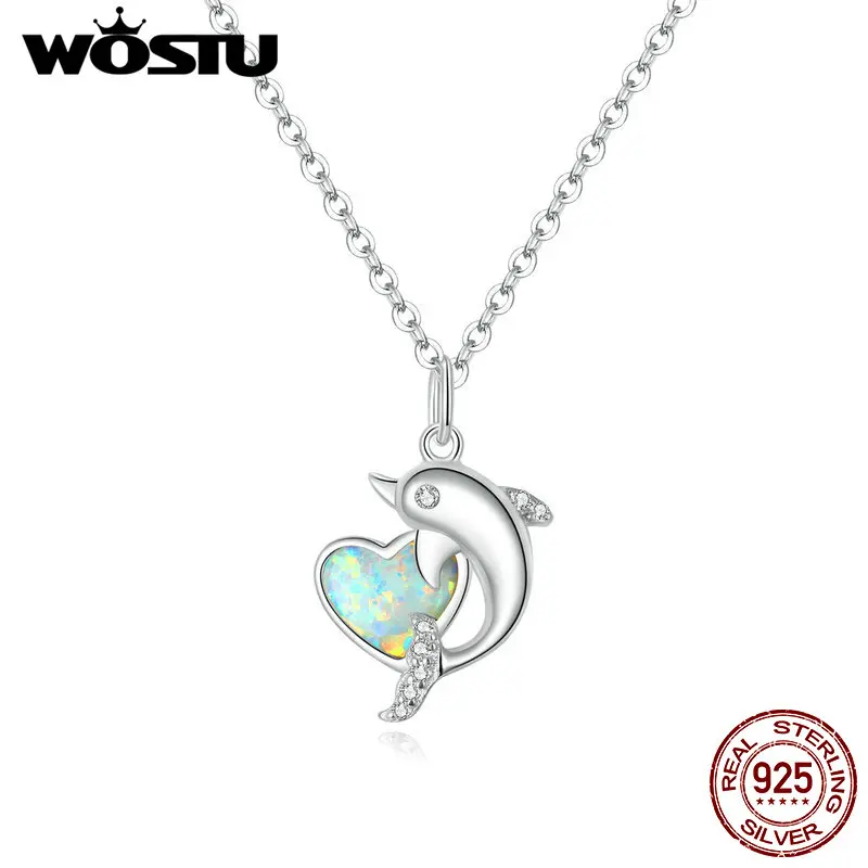 WOSTU Delfin med Hjerte Halskæde 925 Sterling Sølv Gennemskinnelige Opal CZ Lang Kæde Halskæde Til Kvinder Luksus Smykker CQN412