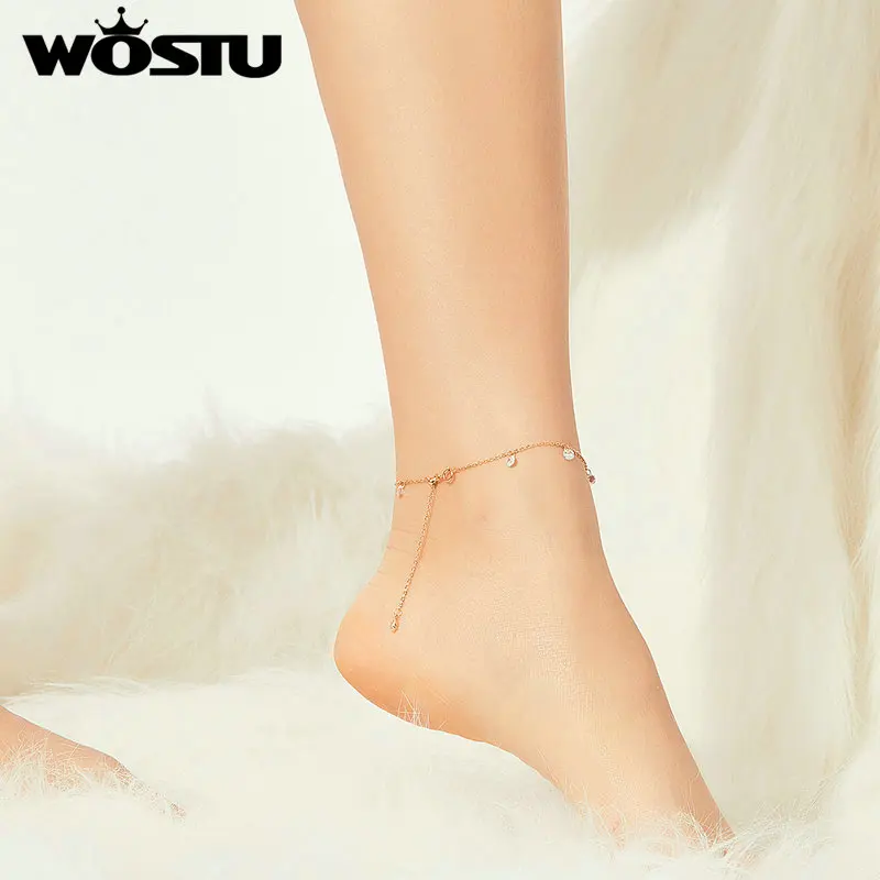 WOSTU Skinner Zircon Guld Ankelkæde 925 Sterling Sølv Mode Barfodet Oprindelige Kæde Armbånd Til Kvinder Smykker CQT015