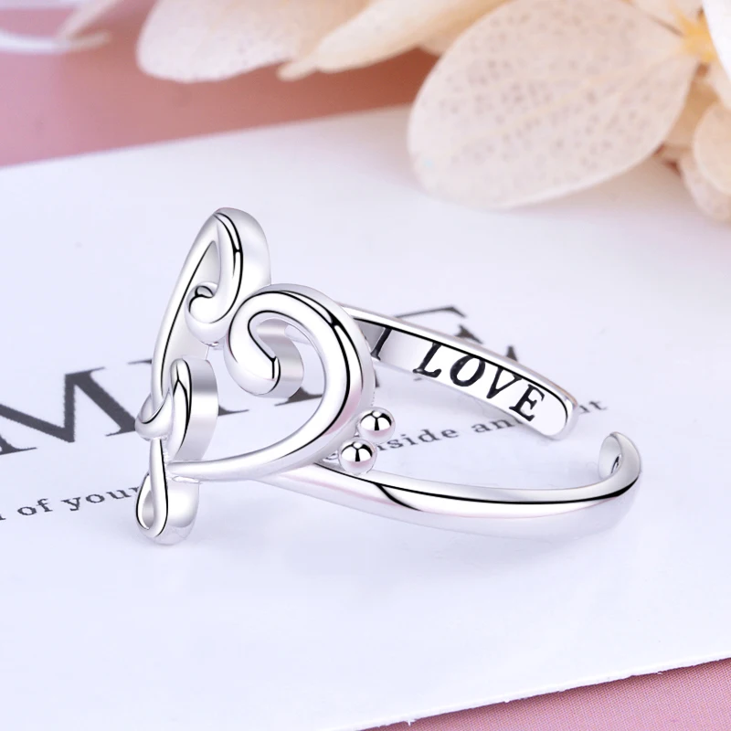 Xiaojing 925 Sterling Sølv, jeg Elsker Musik Finger Ringe Hjertet Musikalske Bemærk Justerbare Ringe, Smykker til Kvinder Valentins Gaver