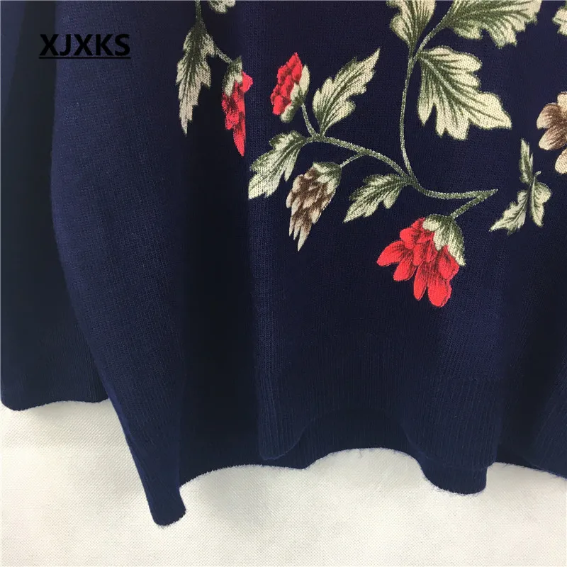 XJXKS Forår, Efterår, Vinter Kvinder Trøjer Og Pullovers Plus Size Mor Strikkede Toppe Print Blomst langærmet Bluse