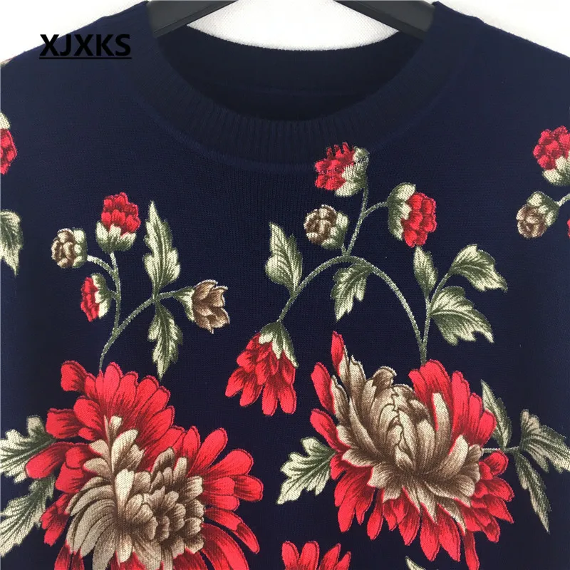 XJXKS Forår, Efterår, Vinter Kvinder Trøjer Og Pullovers Plus Size Mor Strikkede Toppe Print Blomst langærmet Bluse