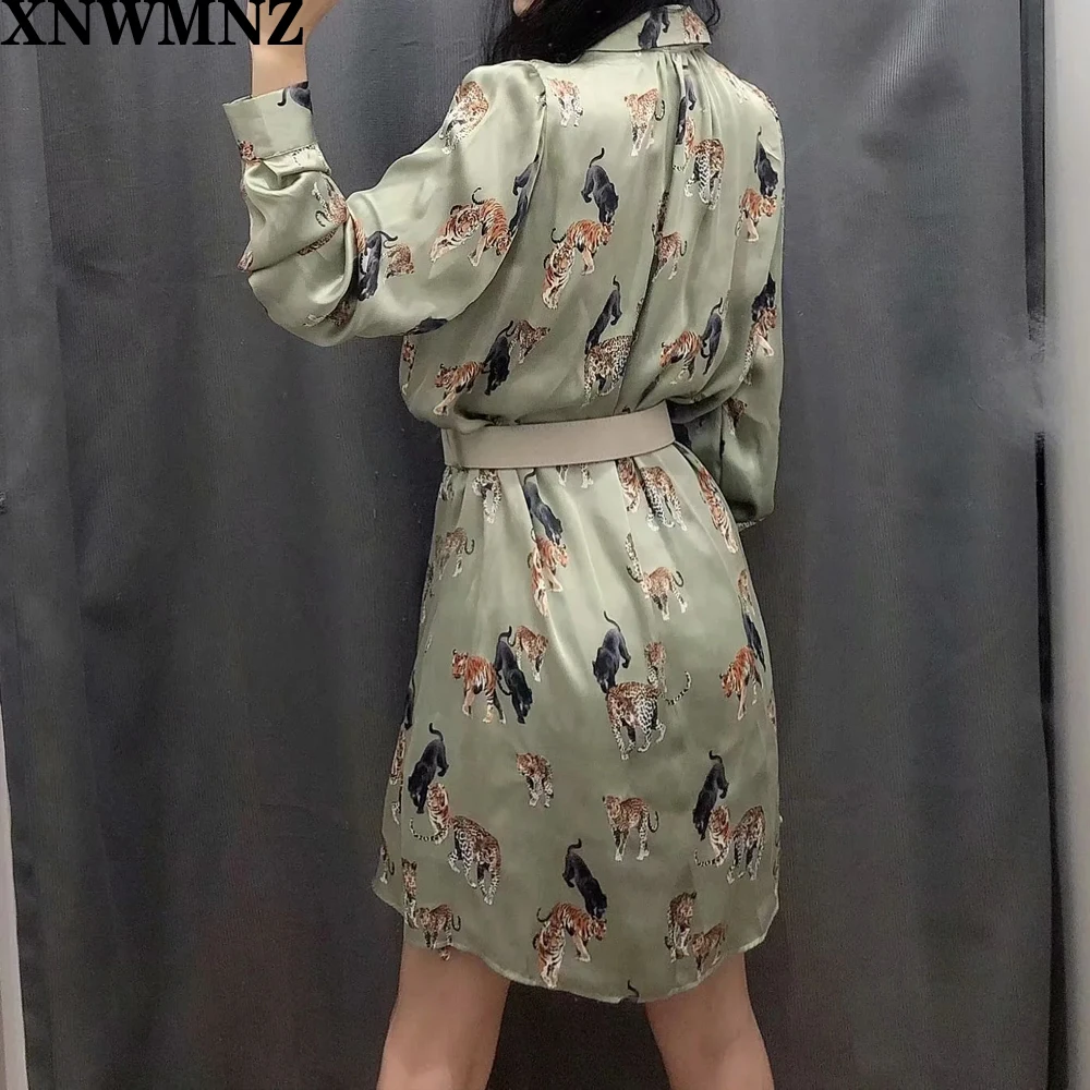 XNWMNZ Za kvinder vintage trykt mini kjole med bælte kvindelige 2020 mode revers krave lange ærmer smart dyreprint kjoler