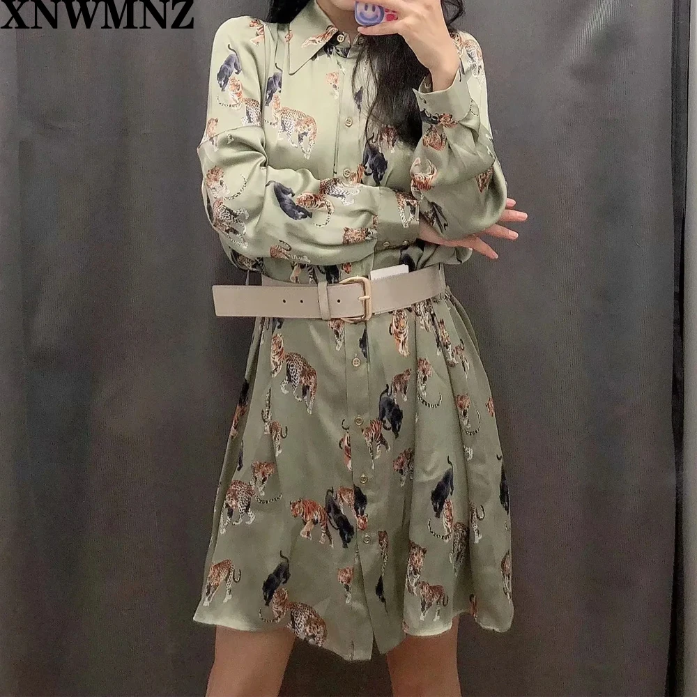 XNWMNZ Za kvinder vintage trykt mini kjole med bælte kvindelige 2020 mode revers krave lange ærmer smart dyreprint kjoler