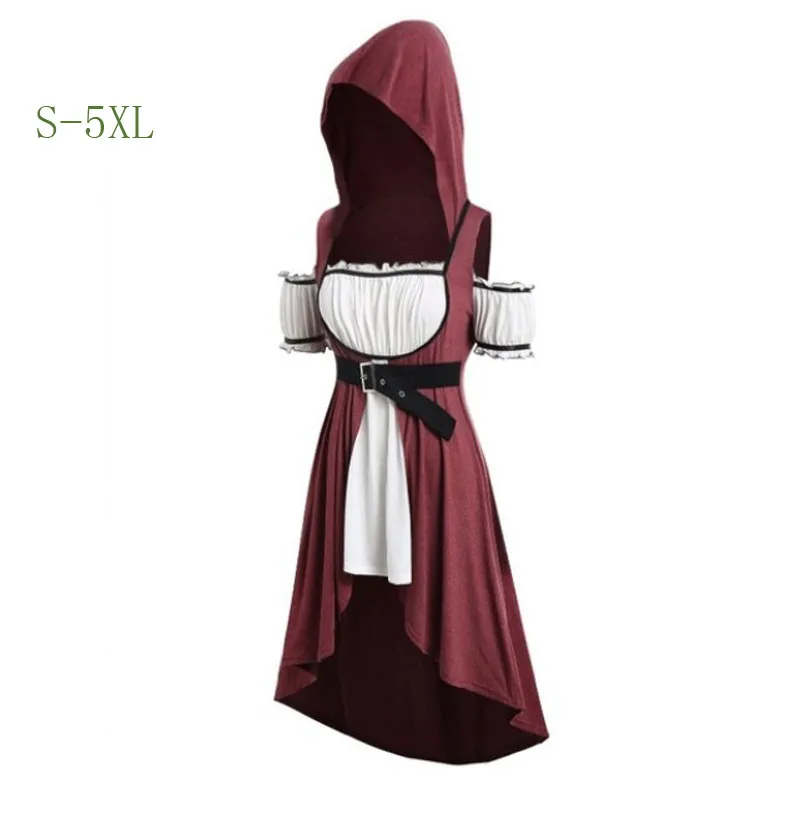 Xxxxxl xxxl xxxxl Middelalderlige Halloween Kostumer til Kvinder Hooded Dress Asymmetrisk Vintage Bælte Løs Retro En Linje Kostume Plus Størrelse