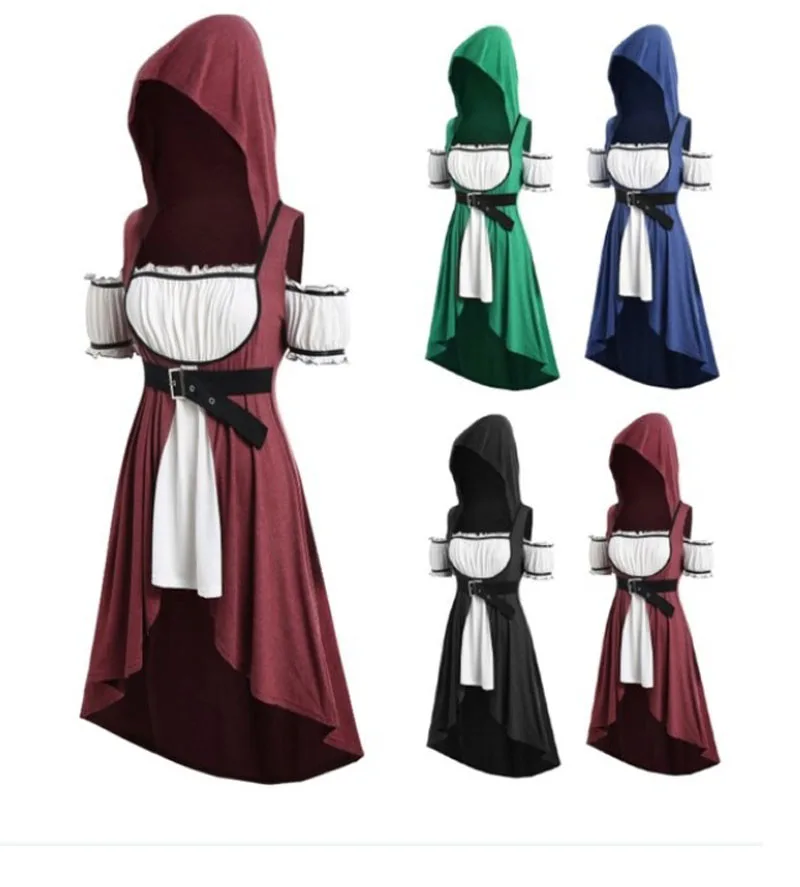 Xxxxxl xxxl xxxxl Middelalderlige Halloween Kostumer til Kvinder Hooded Dress Asymmetrisk Vintage Bælte Løs Retro En Linje Kostume Plus Størrelse