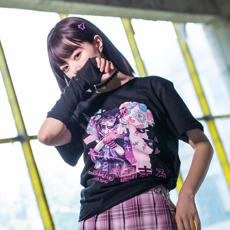 Y2K Gotiske Punk-Grunge Top Streetwear Harajuku Tøj Korte Ærmer Japansk Vintage Anime Print Bomuld Sort Mørke Kvinder T-Shirt