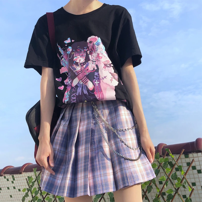Y2K Gotiske Punk-Grunge Top Streetwear Harajuku Tøj Korte Ærmer Japansk Vintage Anime Print Bomuld Sort Mørke Kvinder T-Shirt