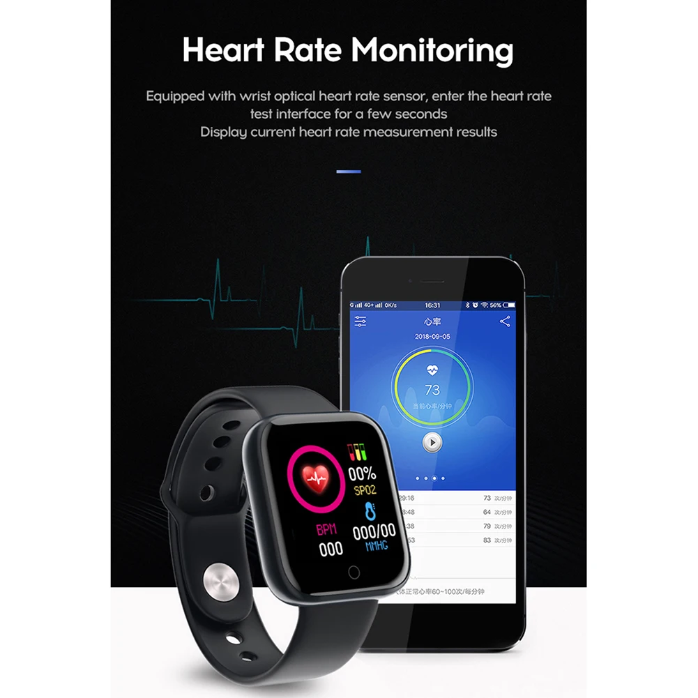 Y68 Mænd Kvinder Vandtæt puls, Blodtryk Overvåge Bluetooth Smart Armbånd til iOS Android Fitness Tracker Smartwatch