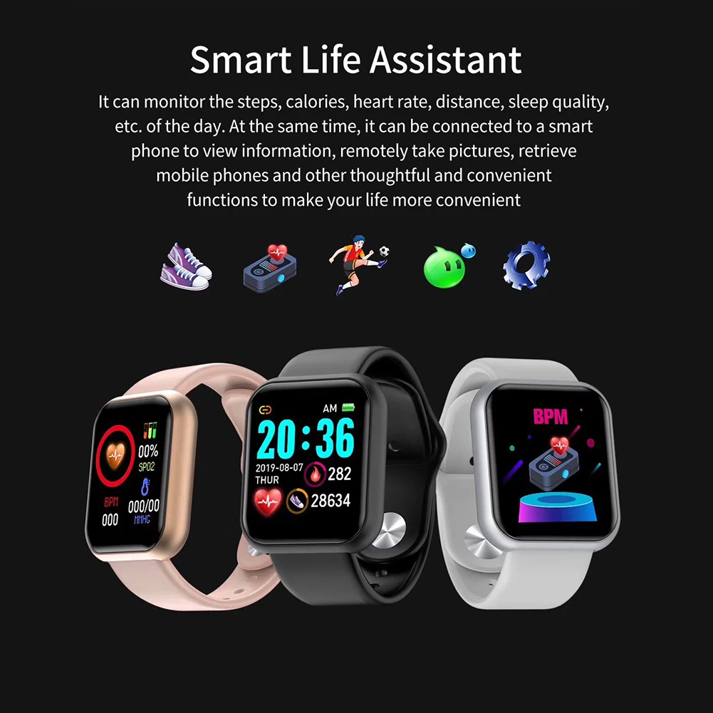 Y68 Mænd Kvinder Vandtæt puls, Blodtryk Overvåge Bluetooth Smart Armbånd til iOS Android Fitness Tracker Smartwatch