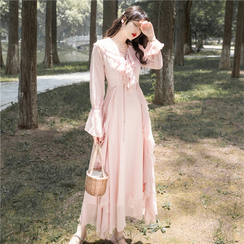 YAMDI flæsekanter solid pink boho boheme kjole 2020 midi kjole kvinder a-linje bane med lange ærmer elegant vintage retro forår, sommer