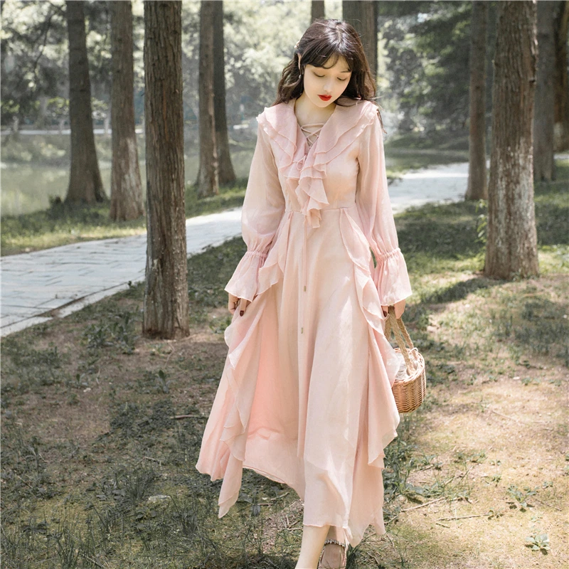YAMDI flæsekanter solid pink boho boheme kjole 2020 midi kjole kvinder a-linje bane med lange ærmer elegant vintage retro forår, sommer